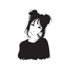 Beautiful Kawaii Girl Black and White Vector Illustration in Cute Simple Line Art Style