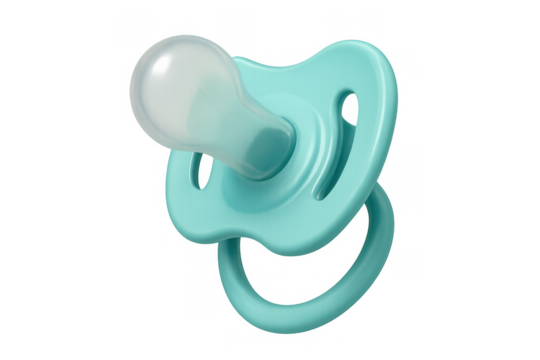 Baby pacifier in teal green color on transparent background, symbolizing childhood, comfort, and care for infants