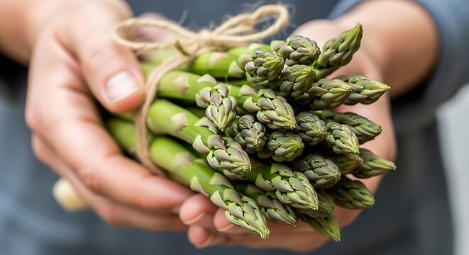 Hands holding a bunch of fresh green asparagus tied with twine, showcasing healthy eating and organic produce