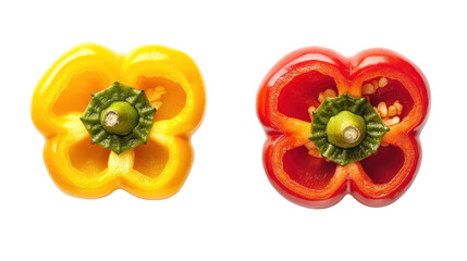 Two halved bell peppers yellow and red isolated on transparent background
