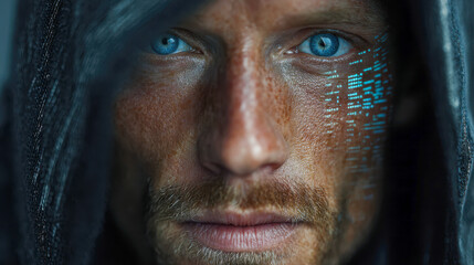 Intense portrait of man with bright blue eyes wearing a dark hood and illuminated futuristic digital patterns on his face in a mysterious atmosphere