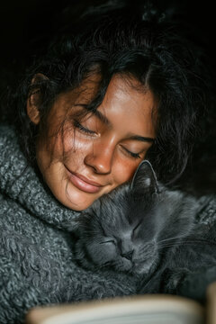 Chat affectueux avec sa ma&icirc;tresse pendant un moment de lecture, ambiance chaleureuse et cosy, sc&egrave;ne tendre de complicit&eacute; &agrave; la maison