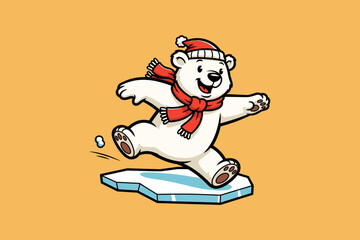 Cute cartoon polar bear wearing a hat and scarf running on an ic