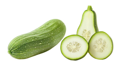 Whole bottle gourd and sliced bottle gourd overhead side by side on transparent background