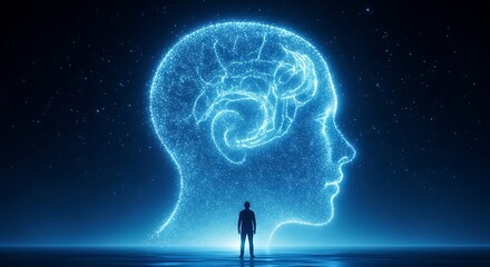Silhouette of a person standing before a glowing blue digital representation of a human head and brain, symbolizing ai and technology