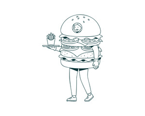 Person Wearing a Fun Hamburger Costume in Minimal Form — Line Art Illustration