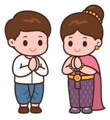 Cute Thai Couple Greeting with Wai Gesture in Traditional Costume