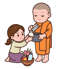 Cute Cartoon Woman Offering Food to Monk &ndash; Thai Alms Giving Illustration