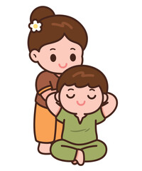 Cute Thai Massage Cartoon &ndash; Sitting Back Stretch Illustration