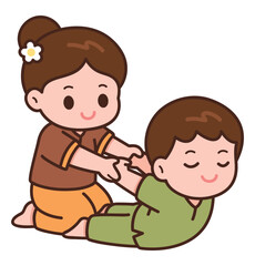 Cute Thai Massage Cartoon &ndash; Back Stretching Pose Illustration