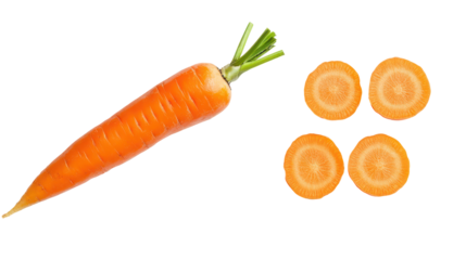 Whole carrot and slices isolated on transparent background