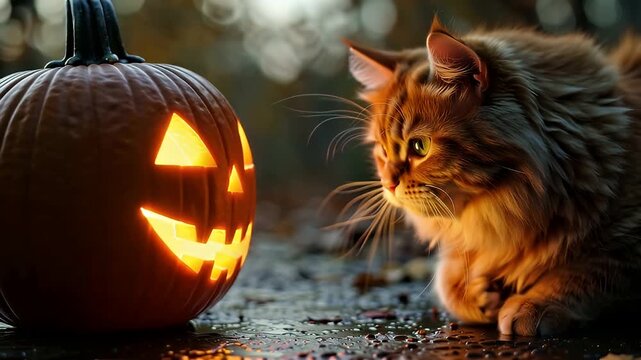 A fluffy ginger cat with green eyes gazes at a glowing jack-o'-lantern in a twilight forest
