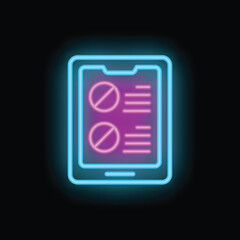 Neon glowing sign of a smartphone displaying two pills with a prohibition sign on a dark background