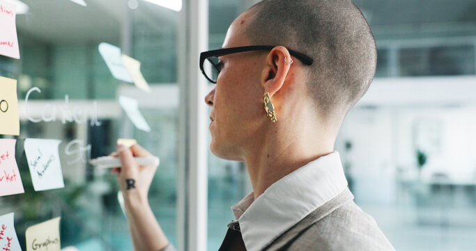 Brand identity, woman or writing with sticky note on glass wall, seo planning or target audience trends. Marketing agency, awareness strategy or manager at board for campaign project, ideas or goals