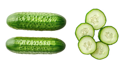 Two whole cucumbers and five sliced cucumber rounds isolated on transparent background