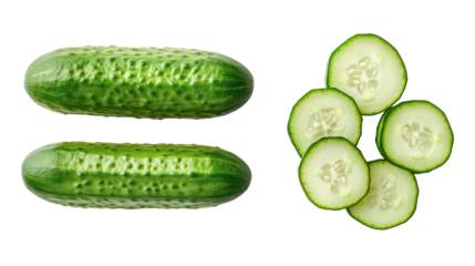 Two whole cucumbers and five sliced cucumber rounds isolated on transparent background