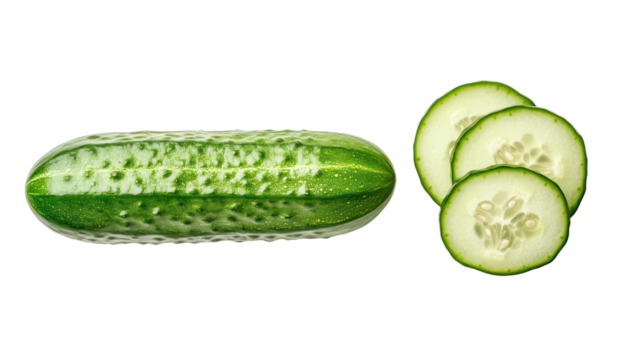 Whole cucumber and slices isolated on transparent background