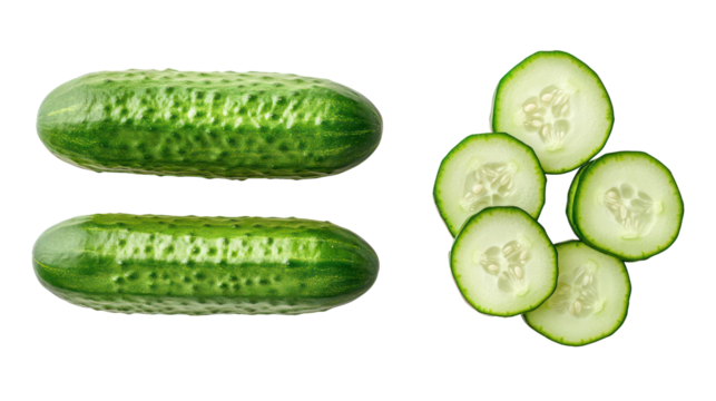 Two whole cucumbers and five sliced cucumber rounds isolated on transparent background
