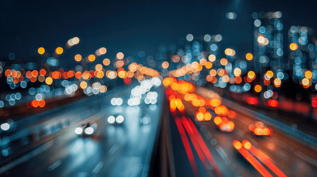 Blurred vibrant cityscape at night with glowing multicolored lights and moving traffic creating abstract bokeh effects along urban roads - Powered by Adobe