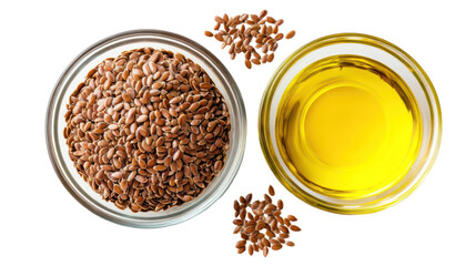 Flax seeds and flaxseed oil in bowls isolated on transparent background