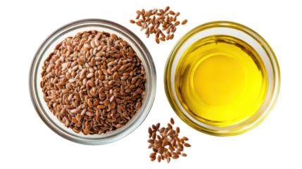 Flax seeds and flaxseed oil in bowls isolated on transparent background