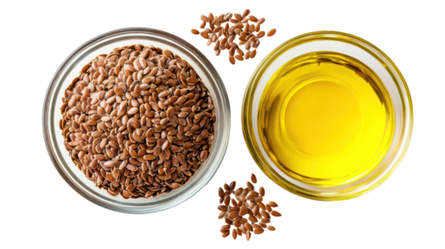 Flax seeds and flaxseed oil in bowls isolated on transparent background