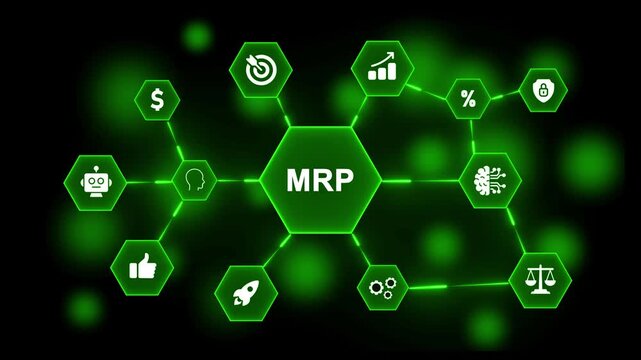 MRP concept diagram with interconnected hexagonal icons glowing green on a dark background Material Requirements Planning
