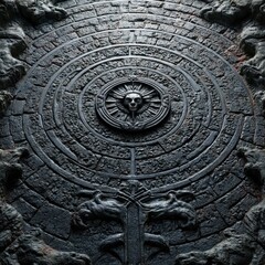 Close up of a dark textured ancient stone carving featuring a central skull symbol and surrounding intricate patterns with dragon figures at the bottom.