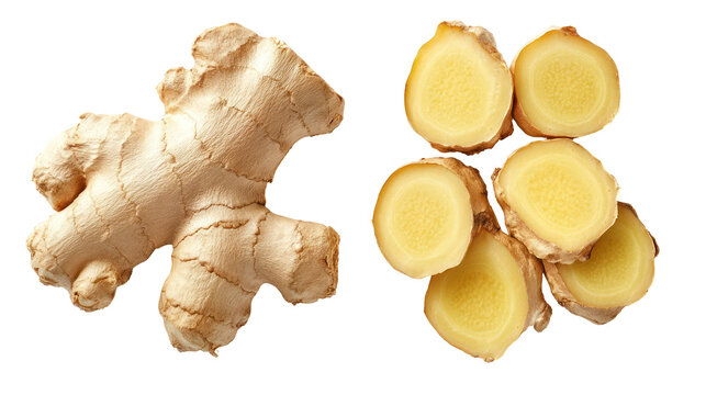 Fresh ginger root and slices isolated on transparent background