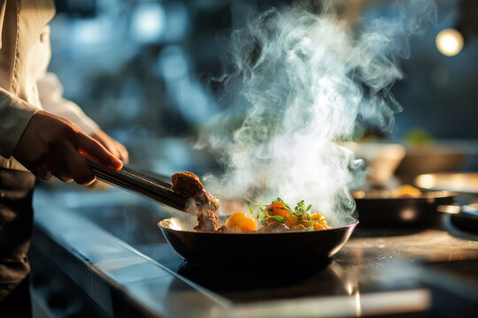 Professional chef cooking gourmet dish in modern restaurant kitchen, steam rising from pan, focus on culinary art