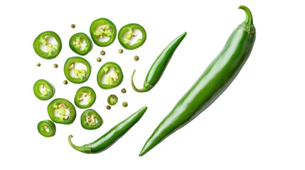 Fresh green jalapeno peppers sliced and whole isolated on transparent background