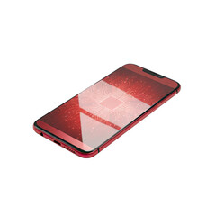 Red smartphone with glowing circuit pattern on screen and reflective metallic body casting subtle shadow isolated on black background with dramatic lighting