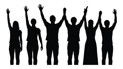 Silhouettes of people with raised arms isolated on white background, Vector