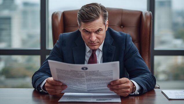 a serious businessman scrutinizing documents in his office