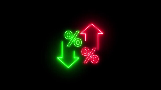 line of percentage sign icon and direction down arrow glowing neon red and blue color with business profit concept business chart sign symbol