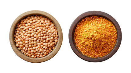 Two wooden bowls filled with lentils isolated on transparent background
