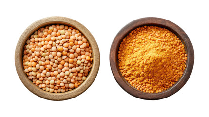 Two wooden bowls filled with lentils isolated on transparent background