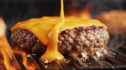 Melted cheddar cheese cascades down a sizzling cheeseburger patty on a hot grill, with flames and smoke adding to the appetizing scene animated 4k video
