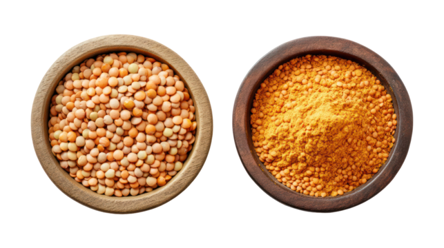 Two wooden bowls filled with lentils isolated on transparent background