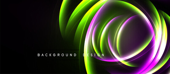 Abstract design features swirling neon lights. Vivid green, purple, white hues create dynamic visual impact against black backdrop. Modern, energetic.