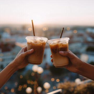 Two friends clinking iced coffee cups on city terrace