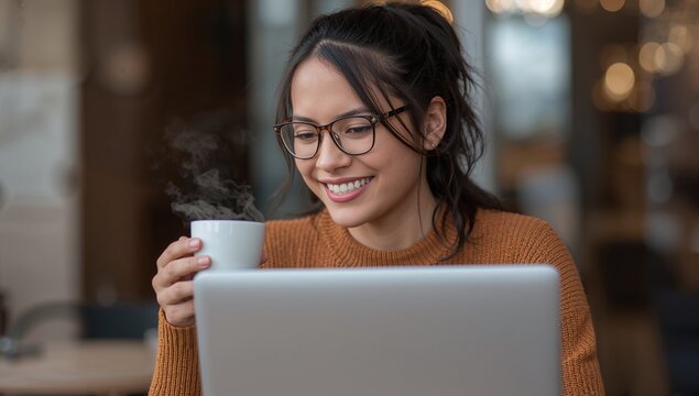 Smiling young woman enjoying coffee while working on her laptop in a cozy cafe, perfect for lifestyle, remote work, and digital nomad themes