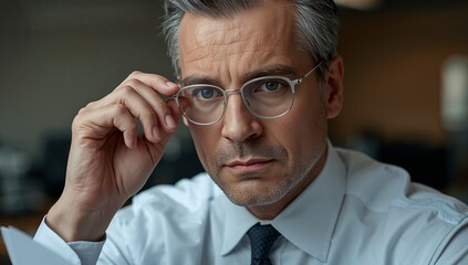 Sharp professional with a focused gaze adjusting glasses, conveying experience, confidence, and leadership in the corporate world