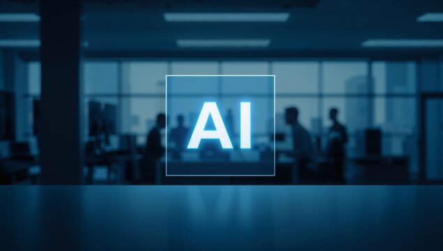 Futuristic AI concept visualized with glowing digital interface in modern office setting, symbolizing innovation and technological advancement