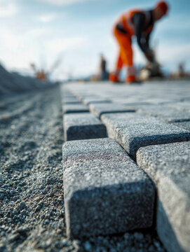 Worker in safety gear installing stone pavers on gravel surface at outdoor construction site with focus on textured paving stones in foreground