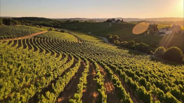 Stunning aerial view of a vibrant vineyard at sunset, promising fine wine harvest