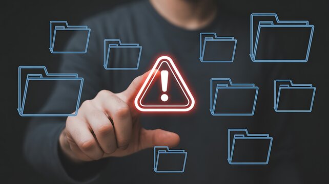 A person s finger touches a glowing red warning sign with an exclamation mark surrounded by digital folder icons symbolizing data security risks and alerts