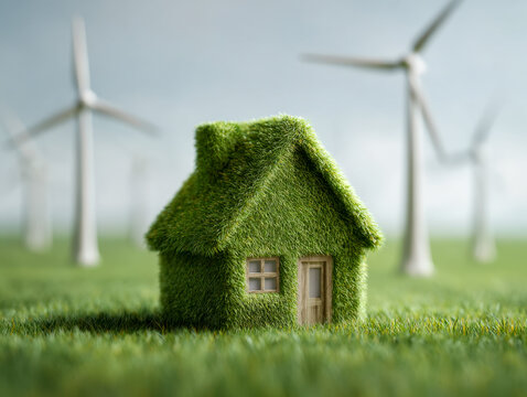 Eco-friendly miniature house completely covered with lush green grass surrounded by wind turbines representing sustainability and renewable energy concept - Powered by Adobe