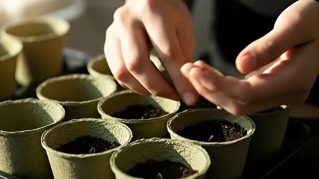 Hands planting seeds in small pots for gardening.