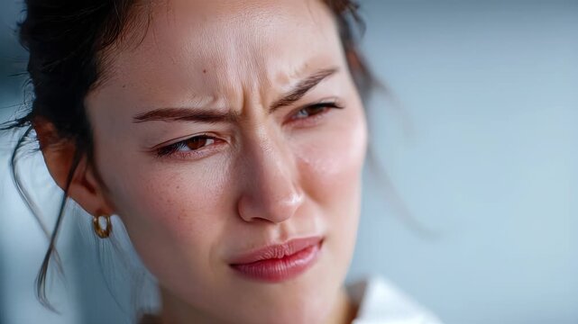 Close-up of a woman showing a displeased, skeptical facial expression with furrowed brows